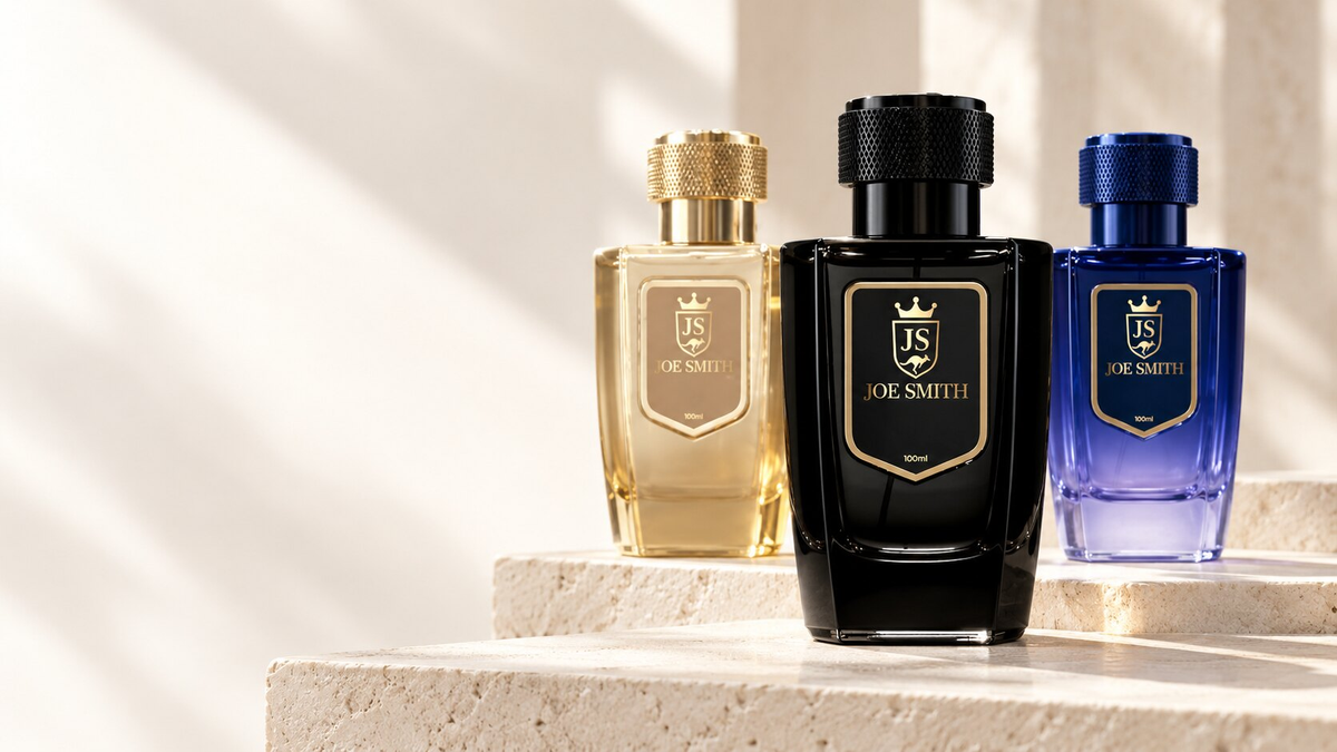 Gold, black and blue Joe Smith perfume bottles on pale stone in soft daylight