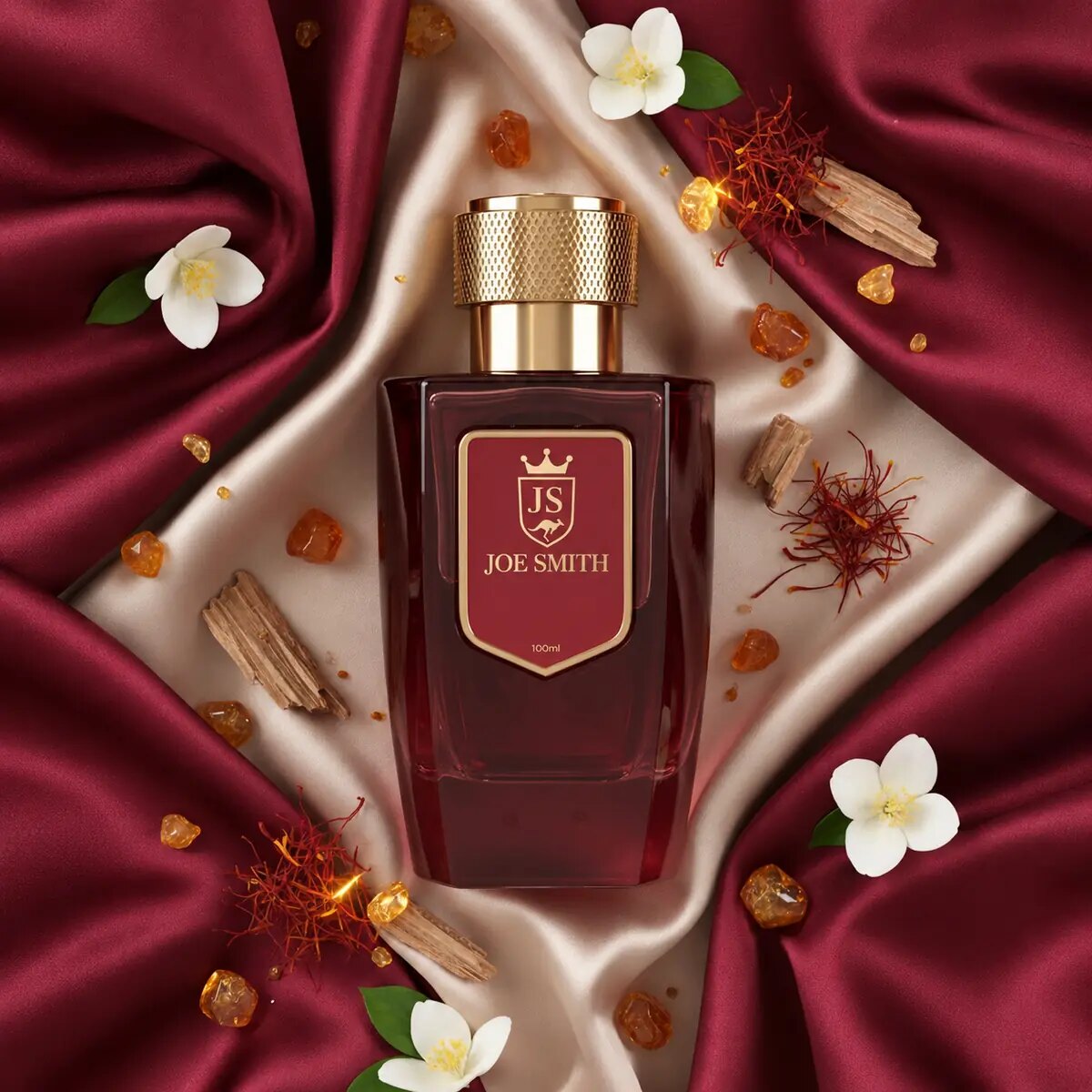 Joe Smith Amber Wattle perfume — burgundy 100 ml bottle with gold cap on burgundy and champagne silk