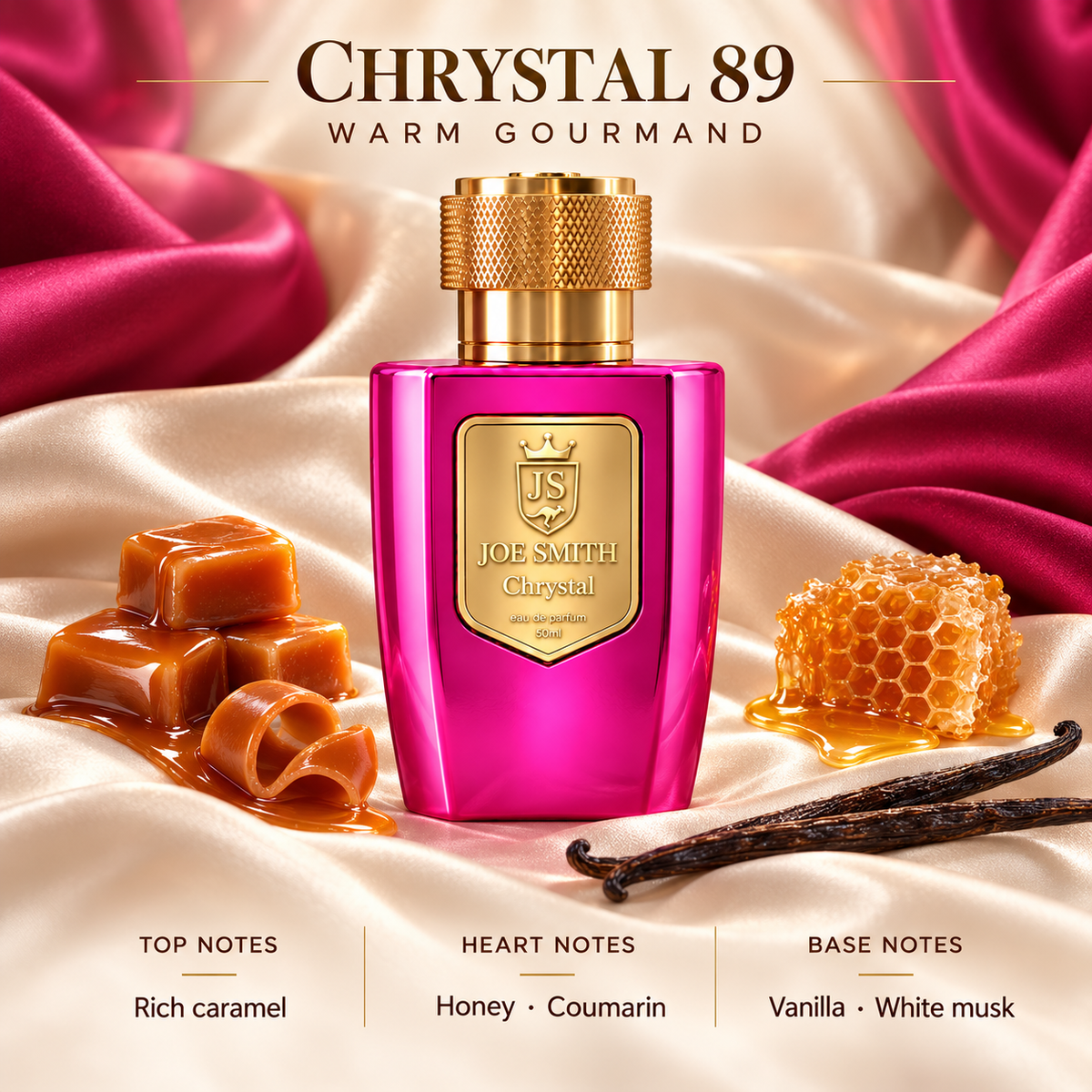 Chrystal No.89 50 ml pink and gold bottle with caramel, honey and vanilla scent imagery. Top notes: rich caramel. Heart notes: honey and coumarin. Base notes: vanilla and white musk.