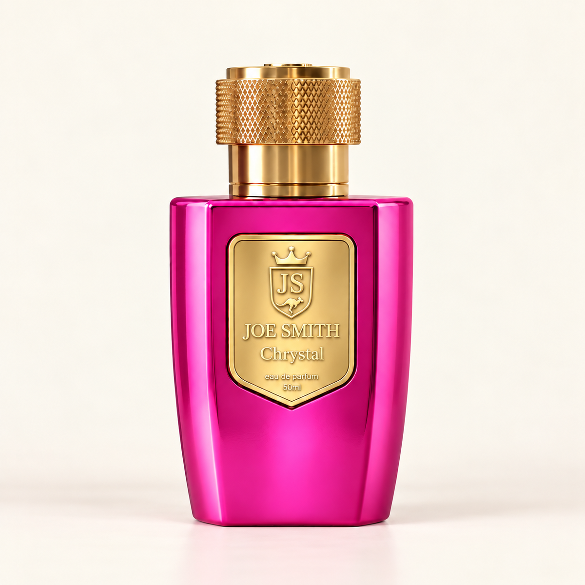 Joe Smith Chrystal 50 ml standard bottle with reflective pink finish, gold textured cap and gold crown, JS and kangaroo plaque