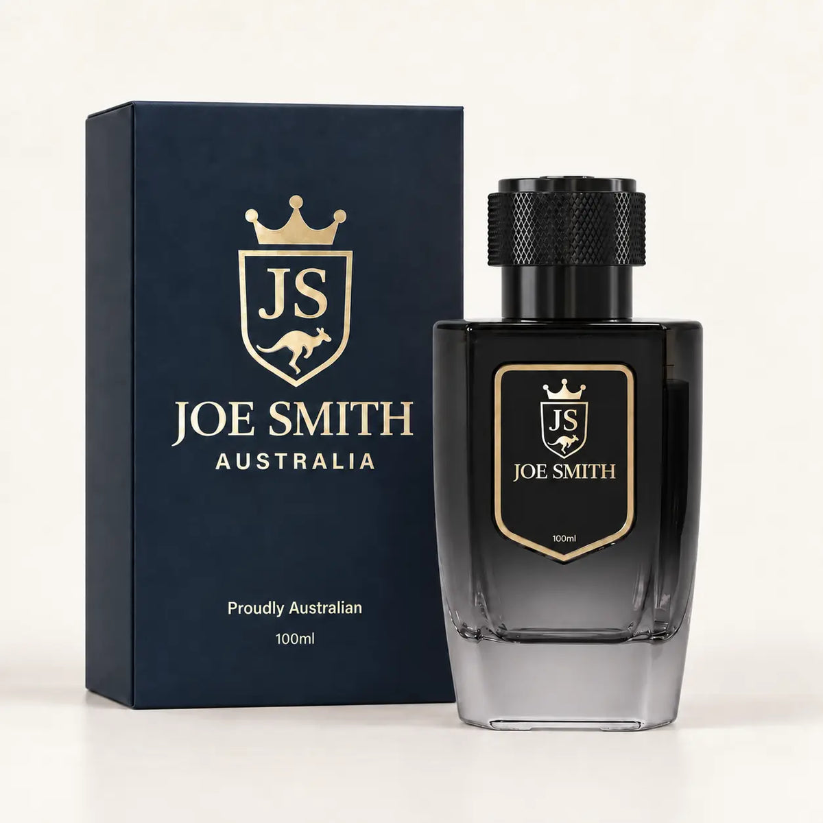 Joe Smith 100 ml black perfume bottle with black cap beside its navy presentation box