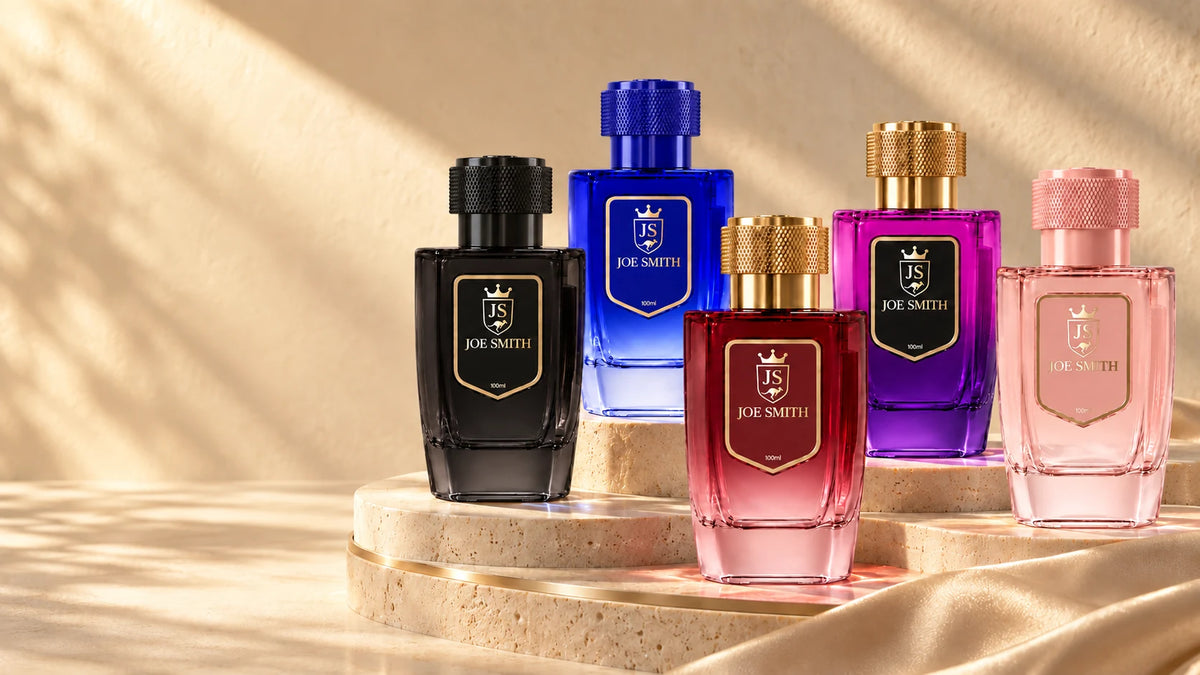 Five Joe Smith perfume bottles in black, cobalt blue, burgundy, violet and pink on sunlit stone terraces.