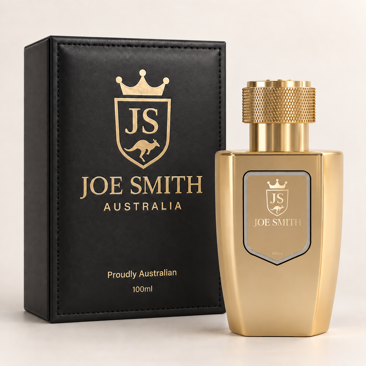 Joe Smith 100 ml Elite gold perfume bottle beside its black leather presentation box
