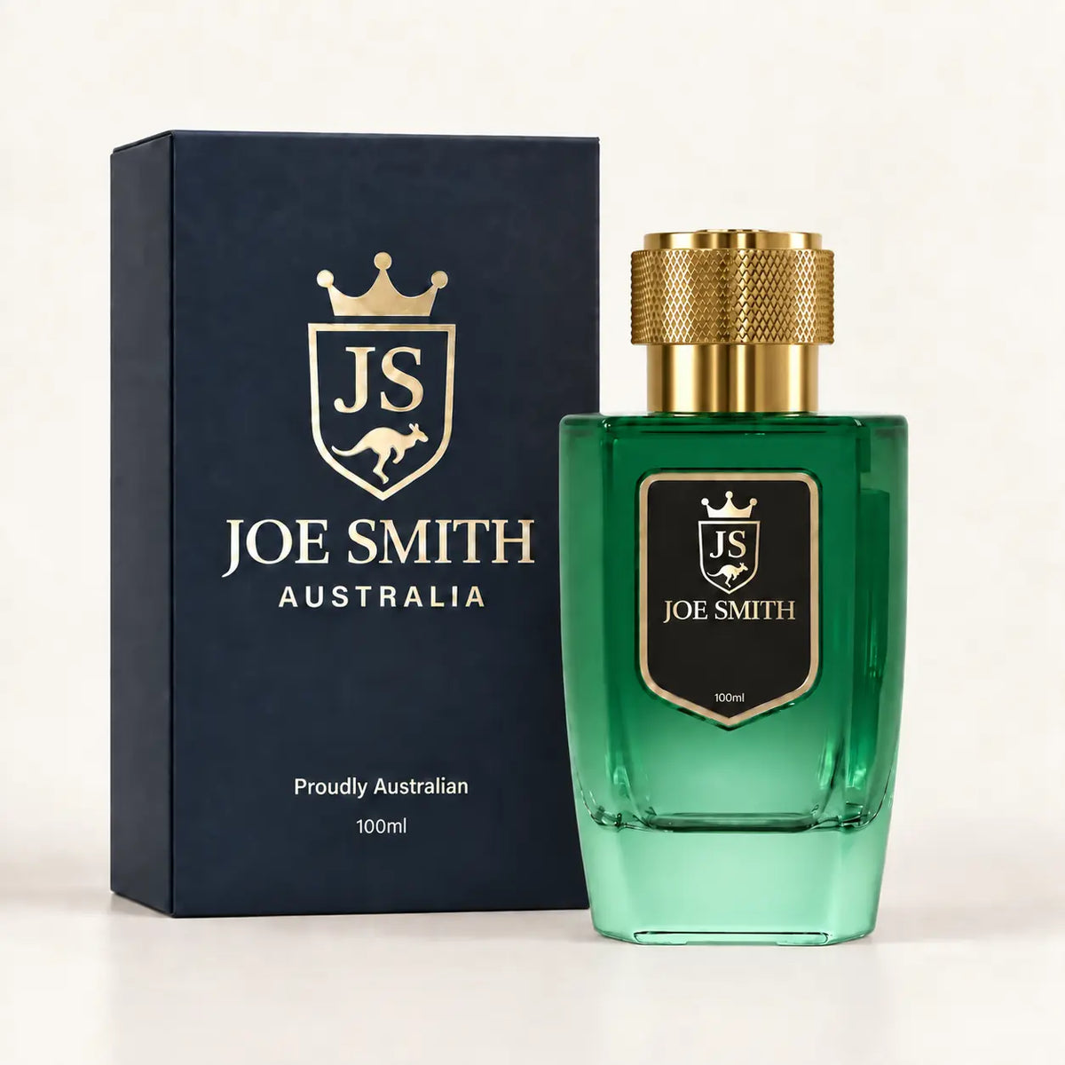 Joe Smith 100 ml green perfume bottle with gold cap beside its navy presentation box