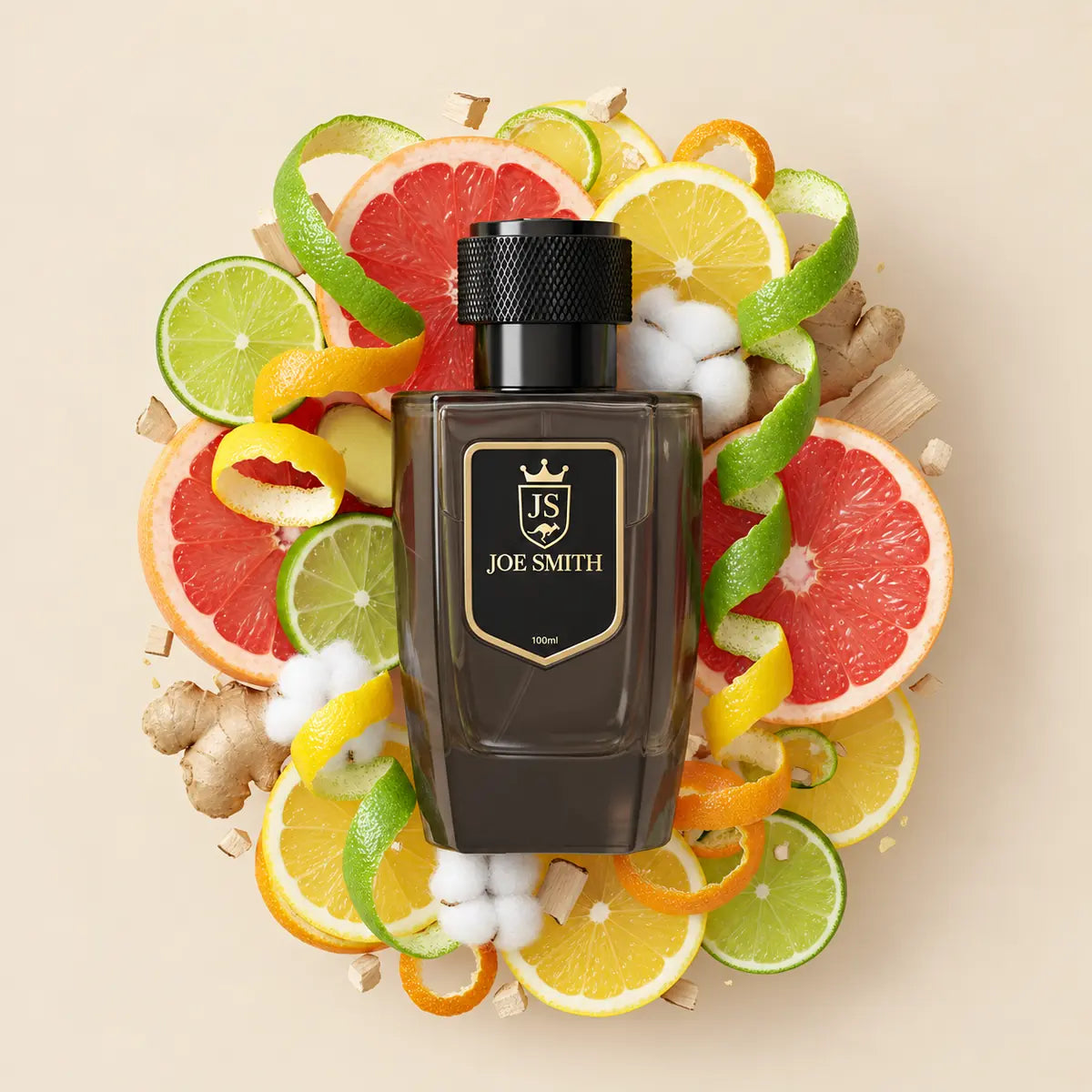Harmony No. 67 by Joe Smith — grey 100 ml perfume bottle with citrus and ginger on an ivory background