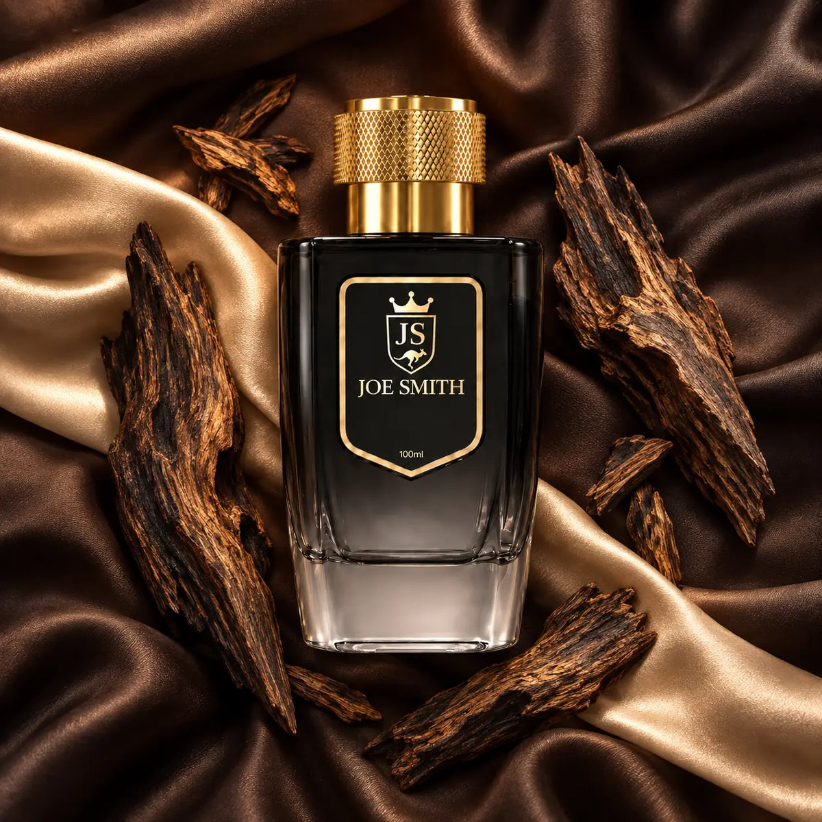 Joe Smith Kimberley Oud No. 91 — smoky black 100 ml bottle with gold cap and oud wood on charcoal and champagne satin