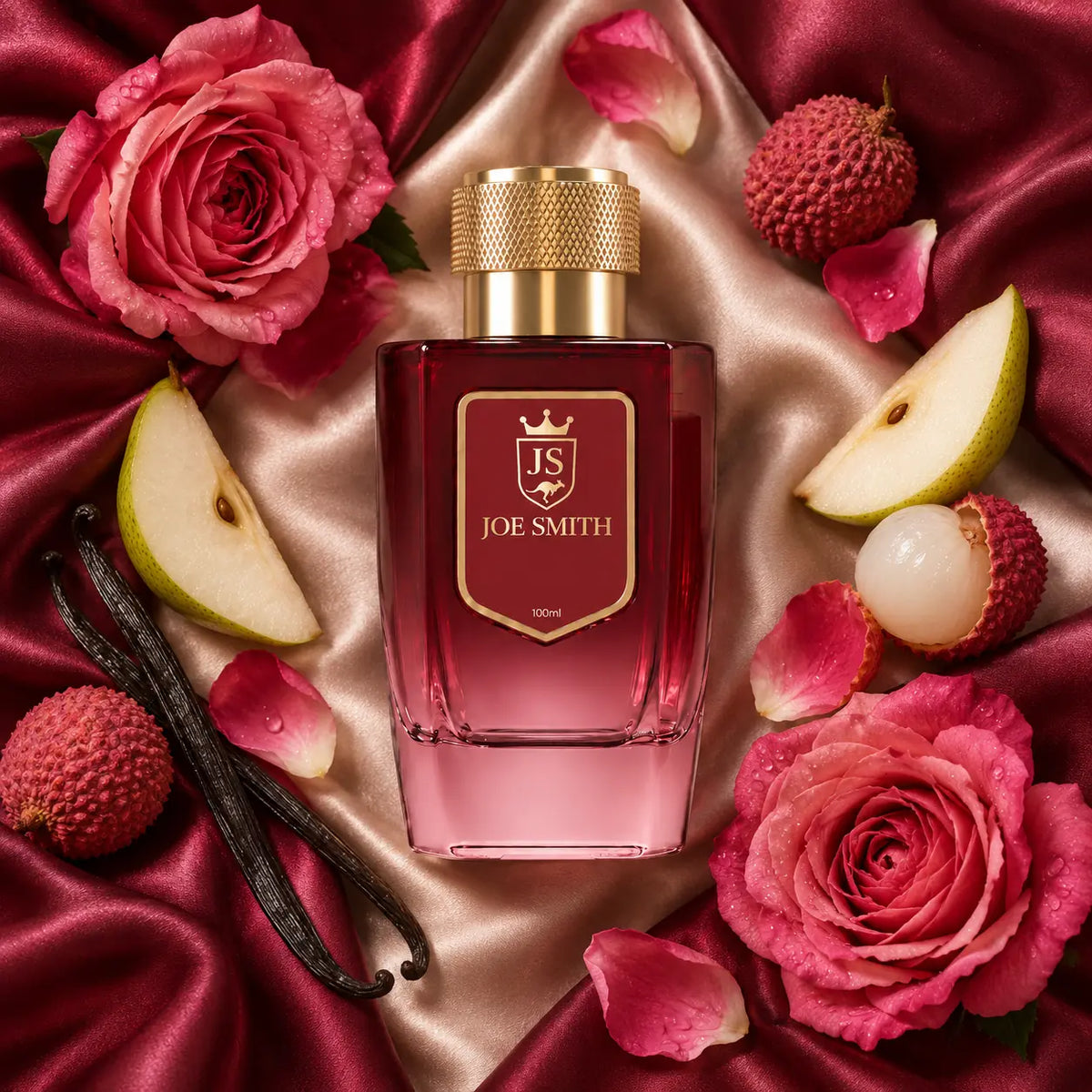 Joe Smith Rosella Velvet No. 94 — burgundy 100 ml bottle with gold cap, pink roses, lychee, pear and vanilla on blush and burgundy satin