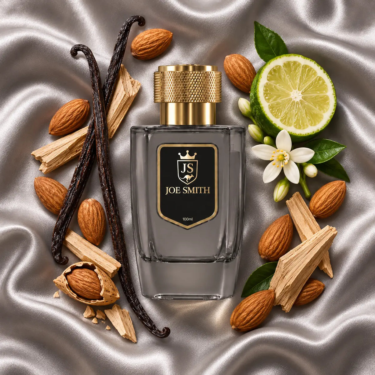 Joe Smith Silver Brumby No. 93 — smoky-grey 100 ml bottle with gold cap, almonds, vanilla, sandalwood and bergamot on silver-grey satin