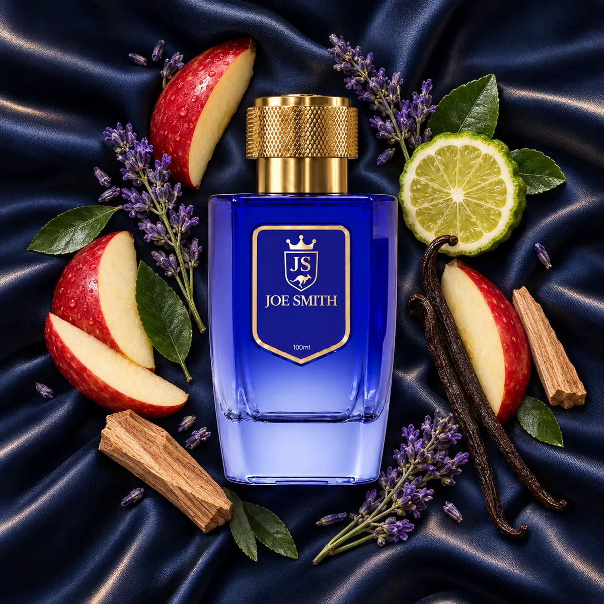 Joe Smith Southern Reign No. 90 — blue 100 ml bottle with gold cap, apple, lavender, bergamot and vanilla on navy satin