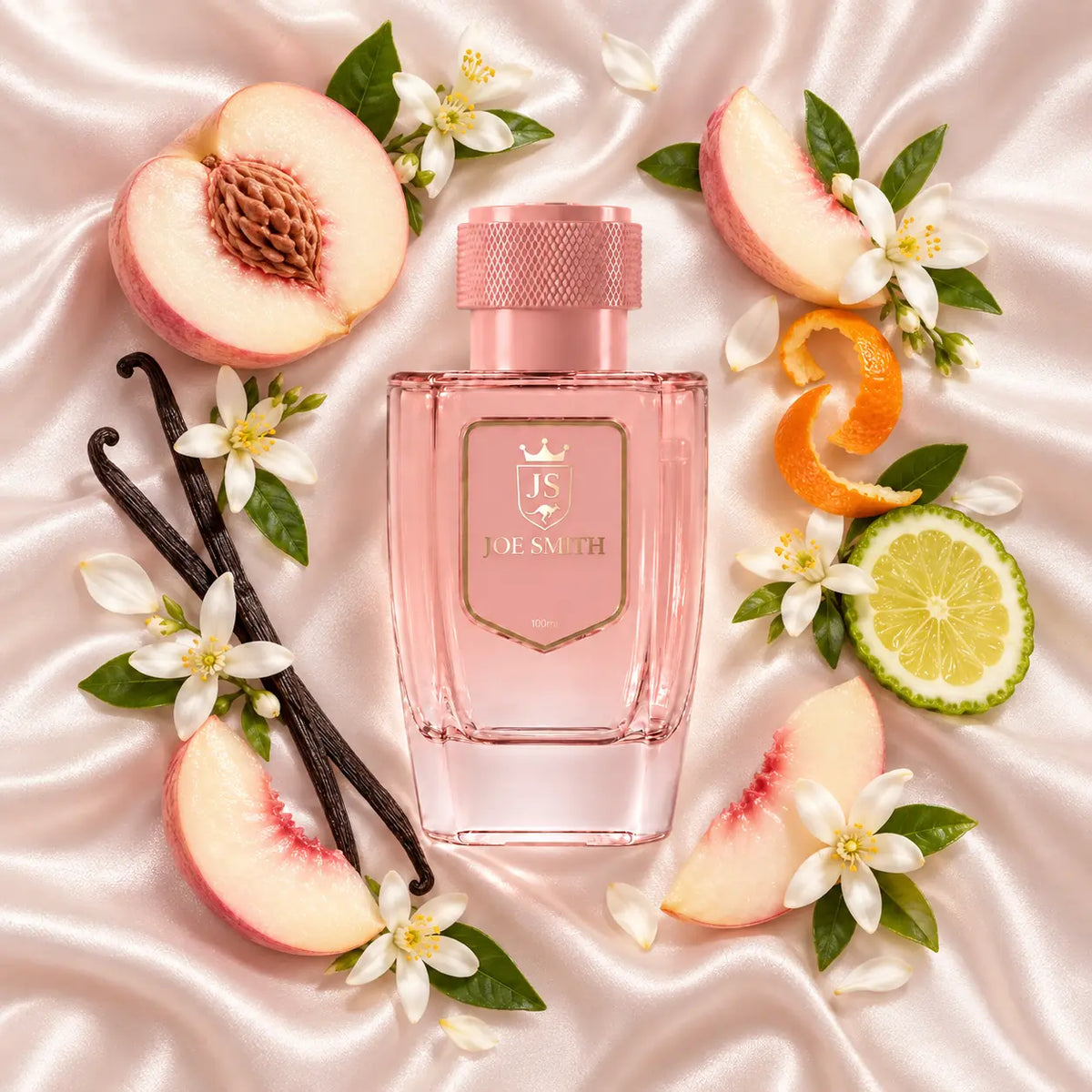 Joe Smith Swan Veil No. 92 — blush-pink 100 ml bottle with pink cap, white peach, white blossoms and citrus on ivory satin